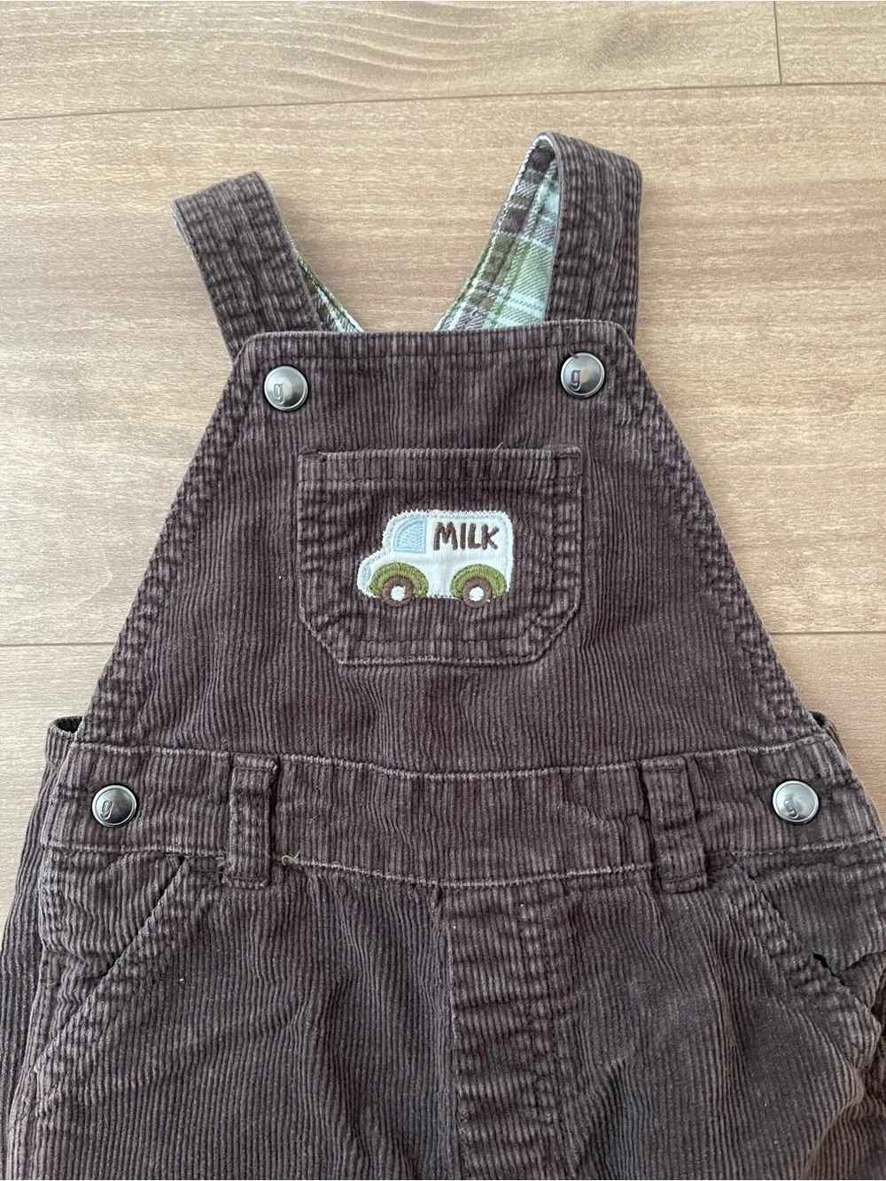 Brown Corduroy Baby Overalls with Milk Truck Patch Size 6-12 Months